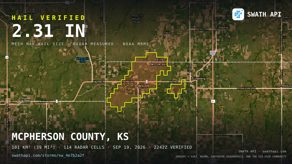 Storm card: 1.3–2.3" hail crossed McPherson County, KS — September 19, 2026