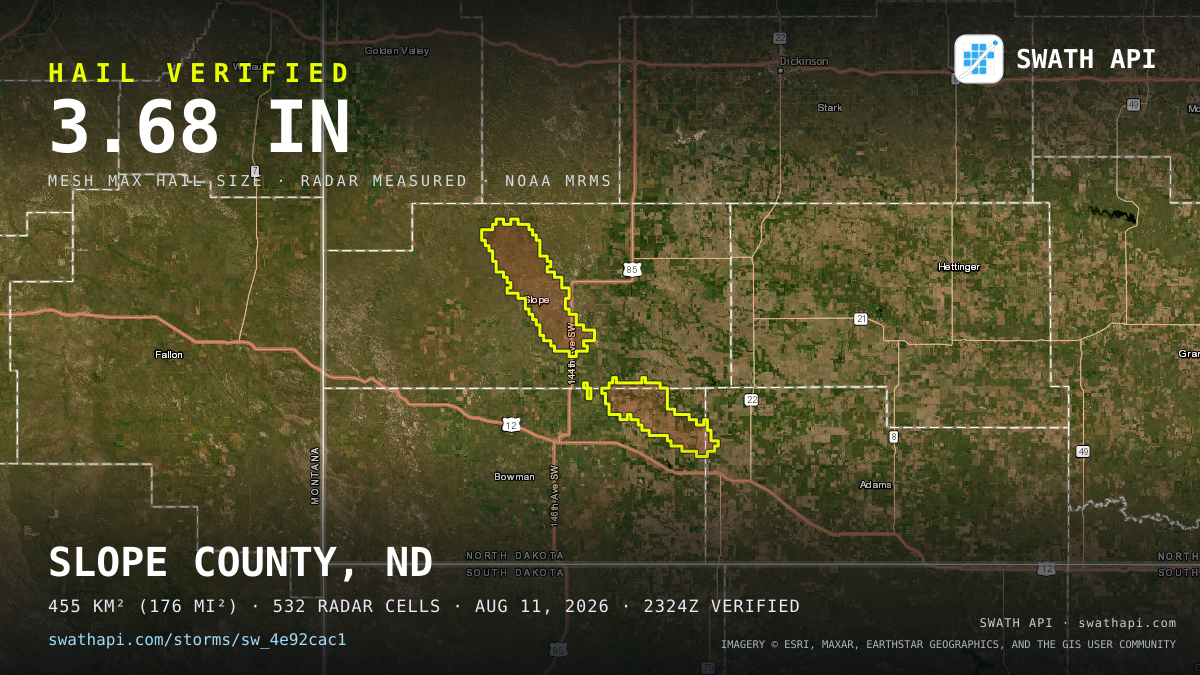 Storm card: 1.2–3.7" hail crossed Slope County, ND — August 11, 2026