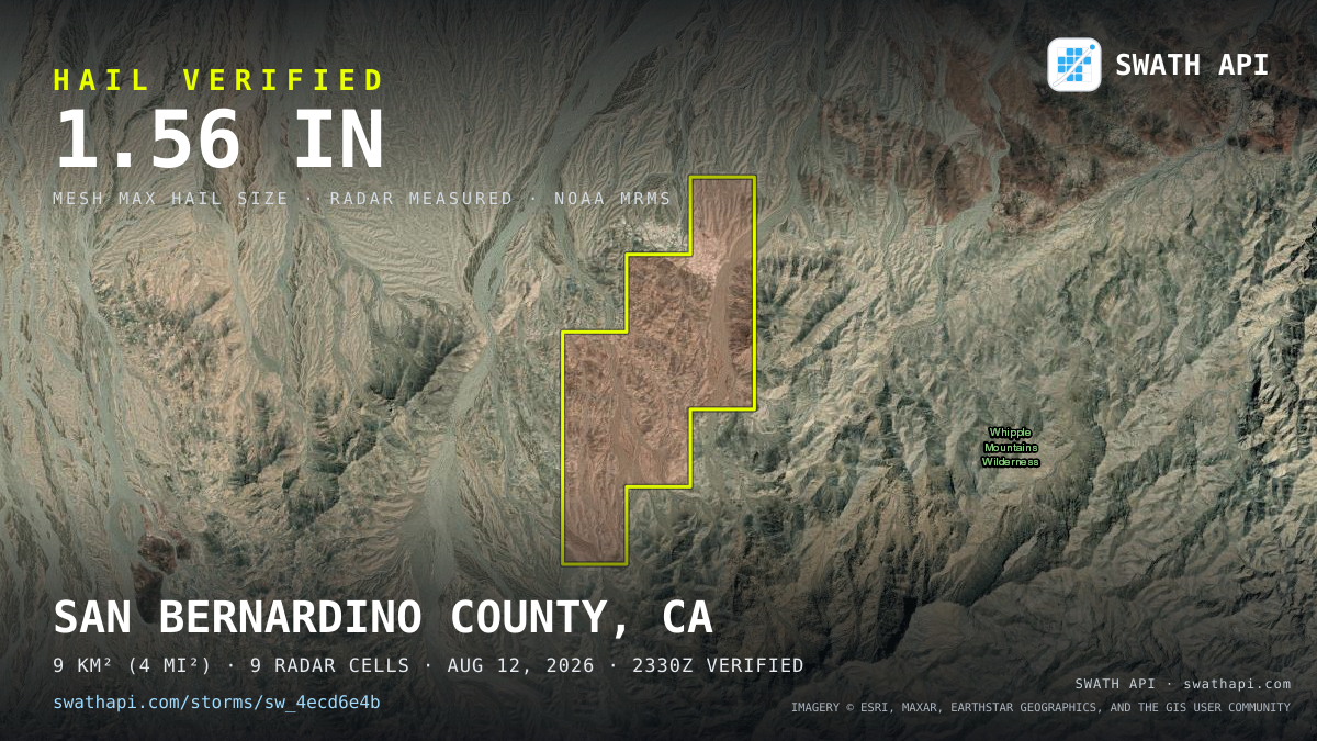 Storm card: 1.2–1.6" hail crossed San Bernardino County, CA — August 12, 2026