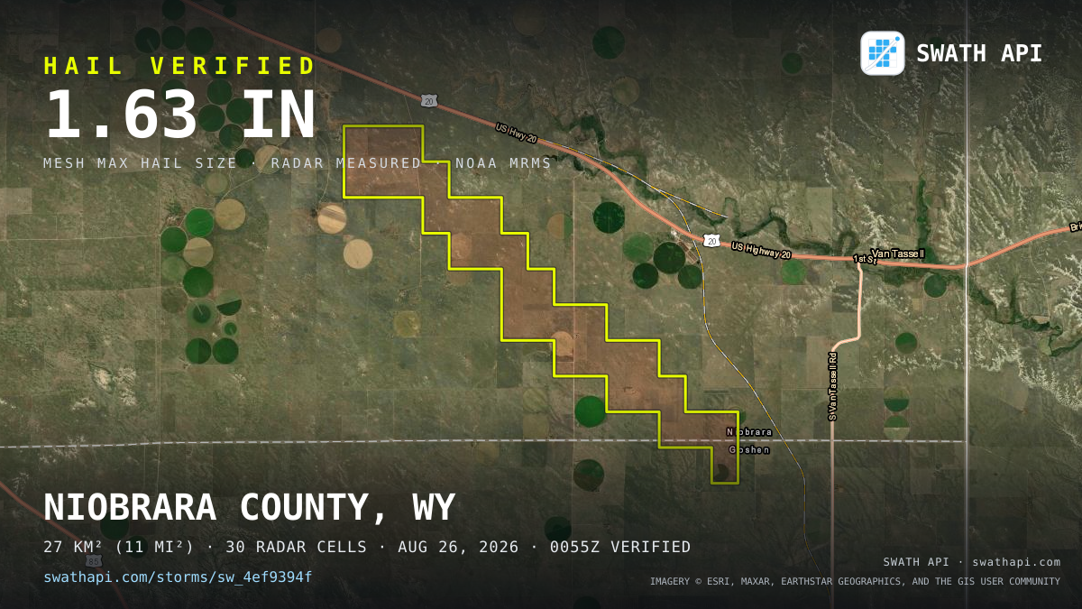 Storm card: 1.1–1.6" hail crossed Niobrara County, WY — August 26, 2026