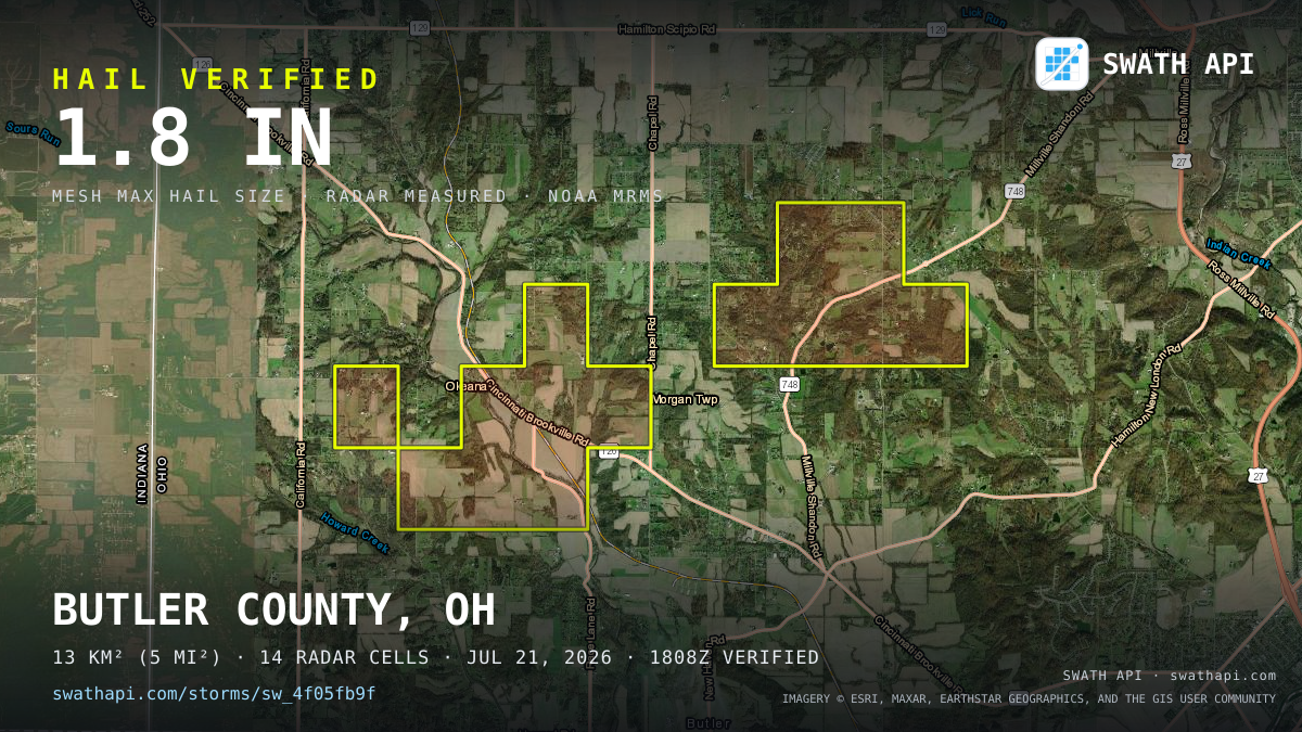 Storm card: 1.3–1.8" hail crossed Butler County, OH — July 21, 2026