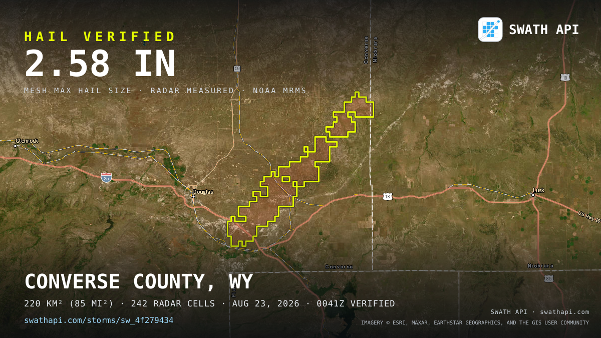 Storm card: 1.3–2.6" hail crossed Converse County, WY — August 23, 2026
