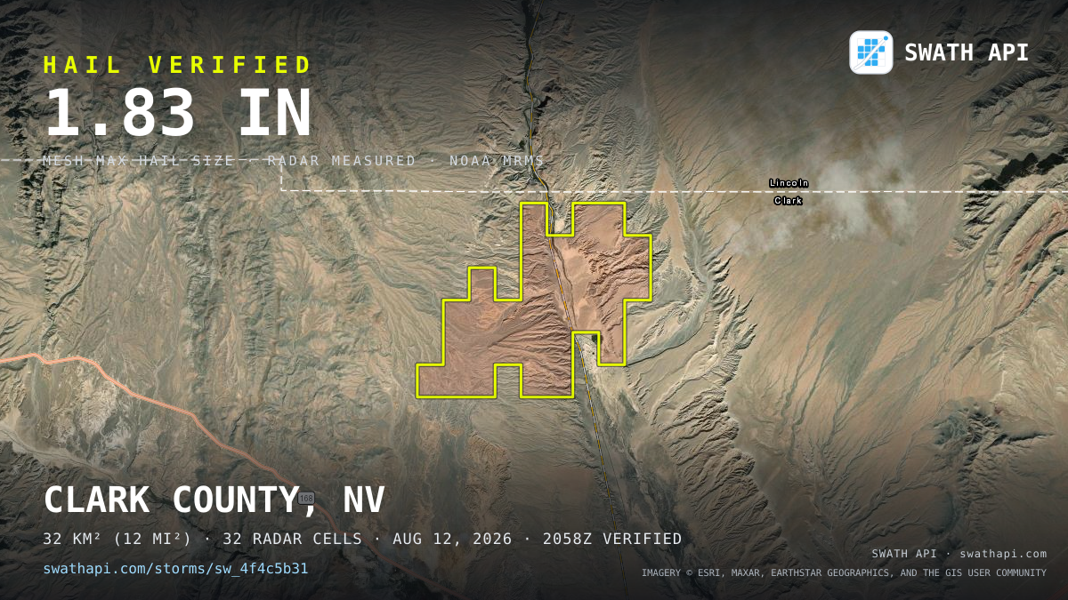 Storm card: 1.1–1.8" hail crossed Clark County, NV — August 12, 2026