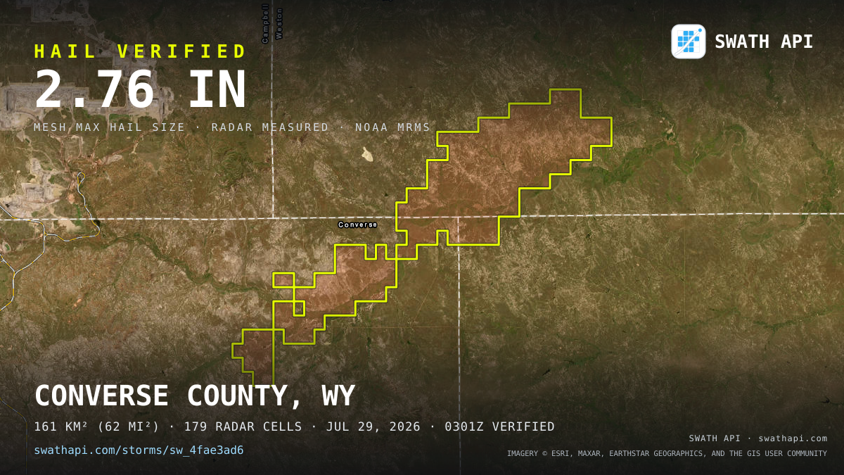 Storm card: 1.3–2.8" hail crossed Weston County, WY — July 29, 2026