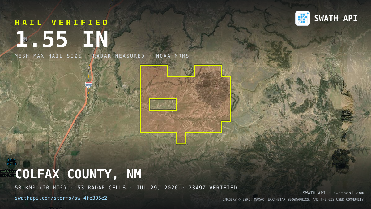 Storm card: 1.2–1.6" hail crossed Colfax County, NM — July 29, 2026