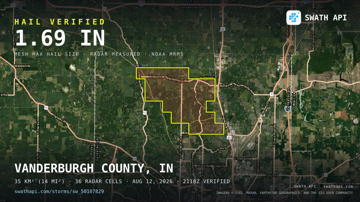 Storm card: 1.1–1.7" hail crossed Vanderburgh County, IN — August 12, 2026