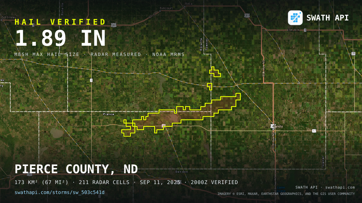 Storm card: 1.2–1.9" hail crossed Pierce County, ND — September 11, 2025