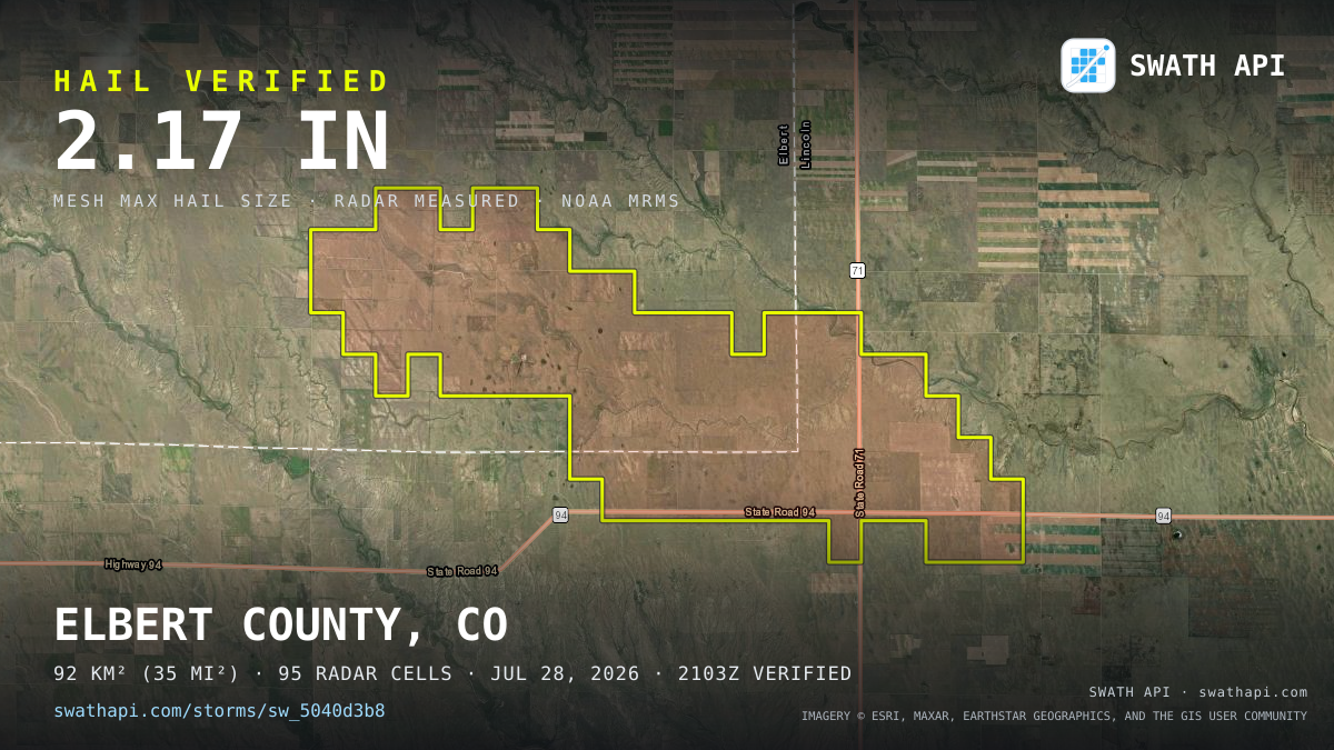 Storm card: 1.4–2.2" hail crossed Elbert County, CO — July 28, 2026