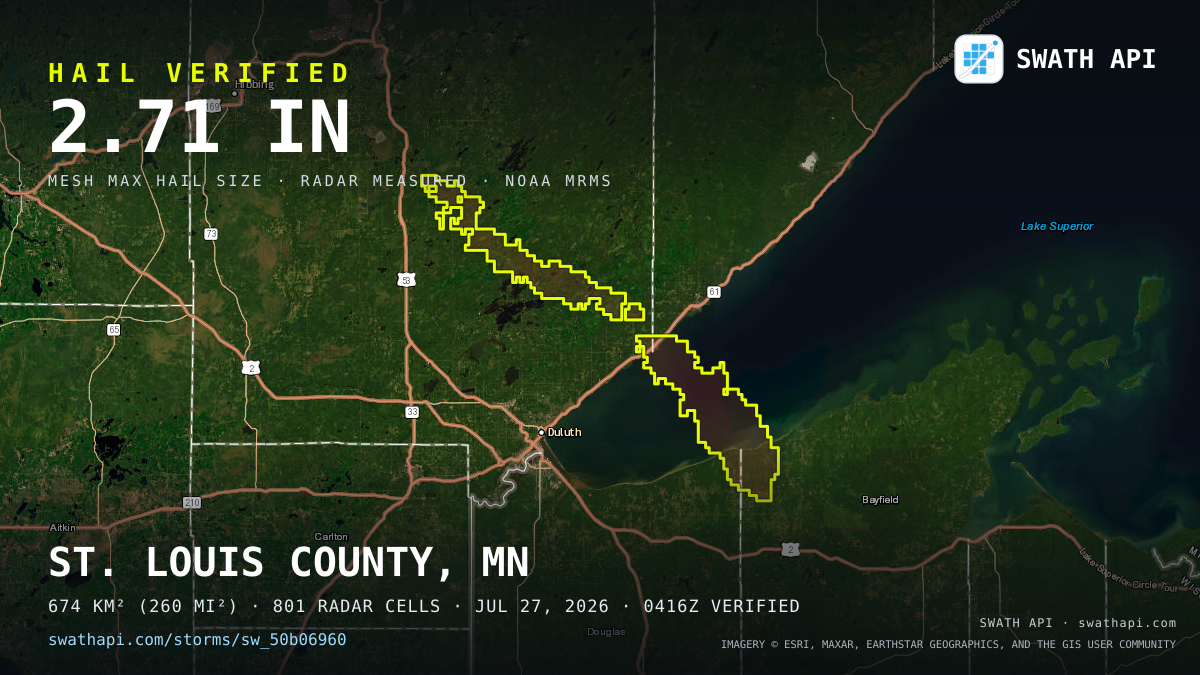 Storm card: 1.3–2.7" hail crossed St. Louis County, MN — July 27, 2026