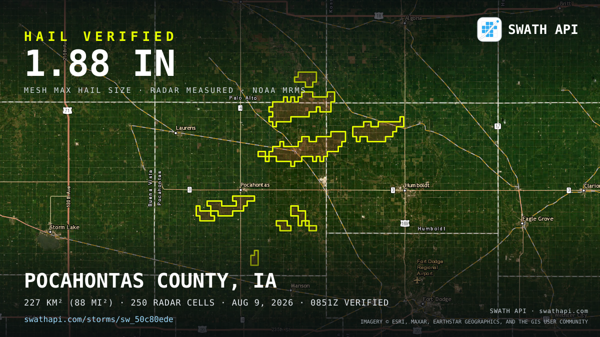 Storm card: 1.1–1.9" hail crossed Pocahontas County, IA — August 9, 2026