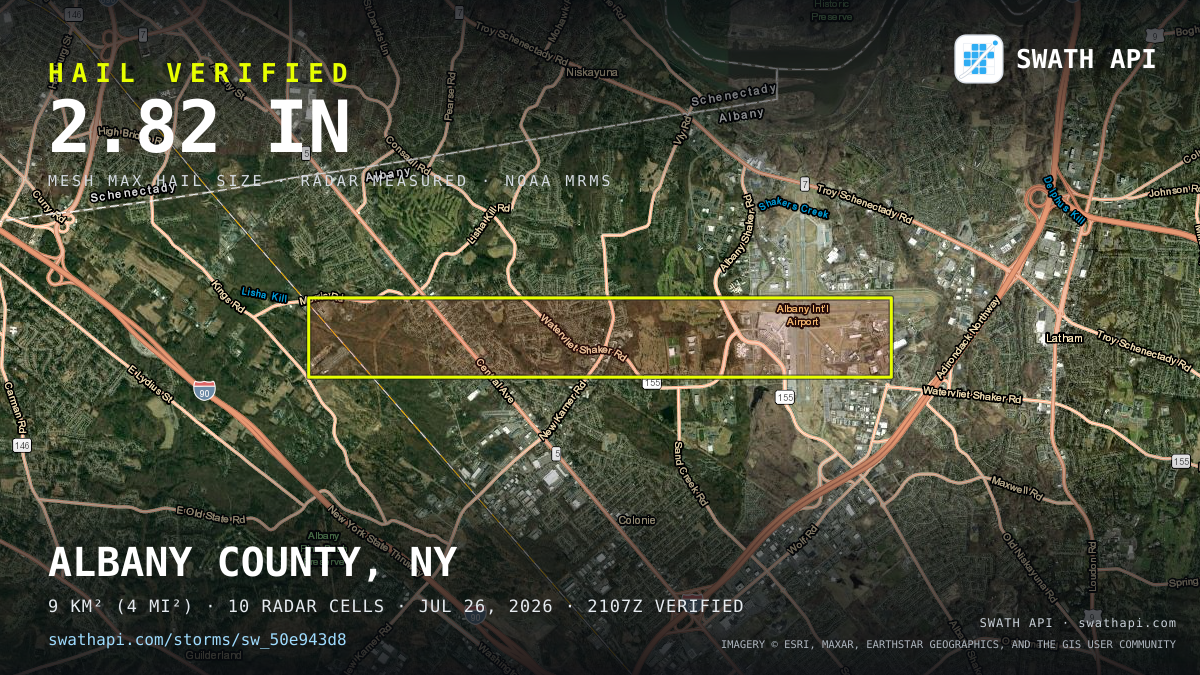 Storm card: 2.1–2.8" hail crossed Albany County, NY — July 26, 2026
