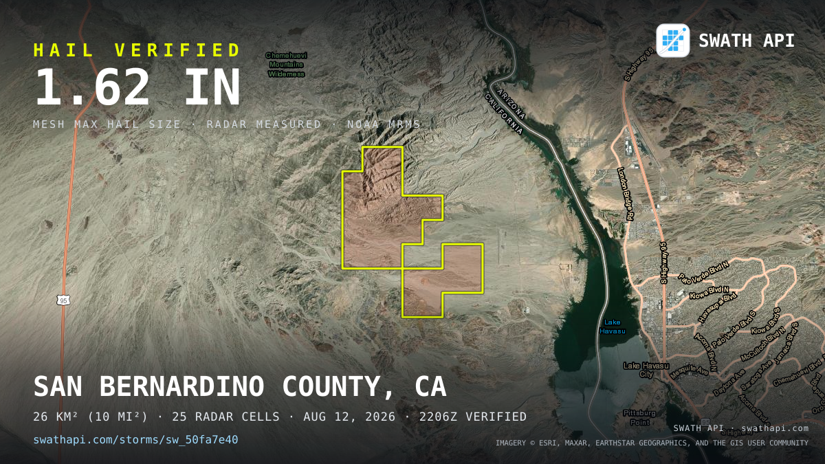 Storm card: 1.2–1.6" hail crossed San Bernardino County, CA — August 12, 2026