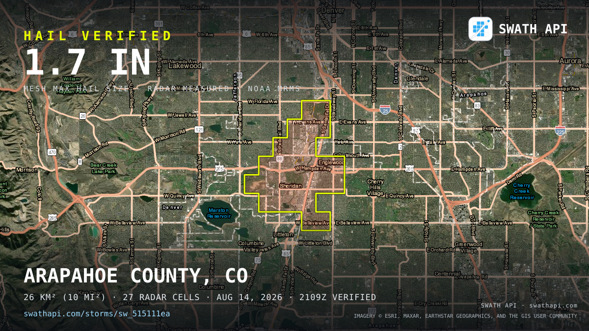 Storm card: 1.1–1.7" hail crossed Arapahoe County, CO — August 14, 2026