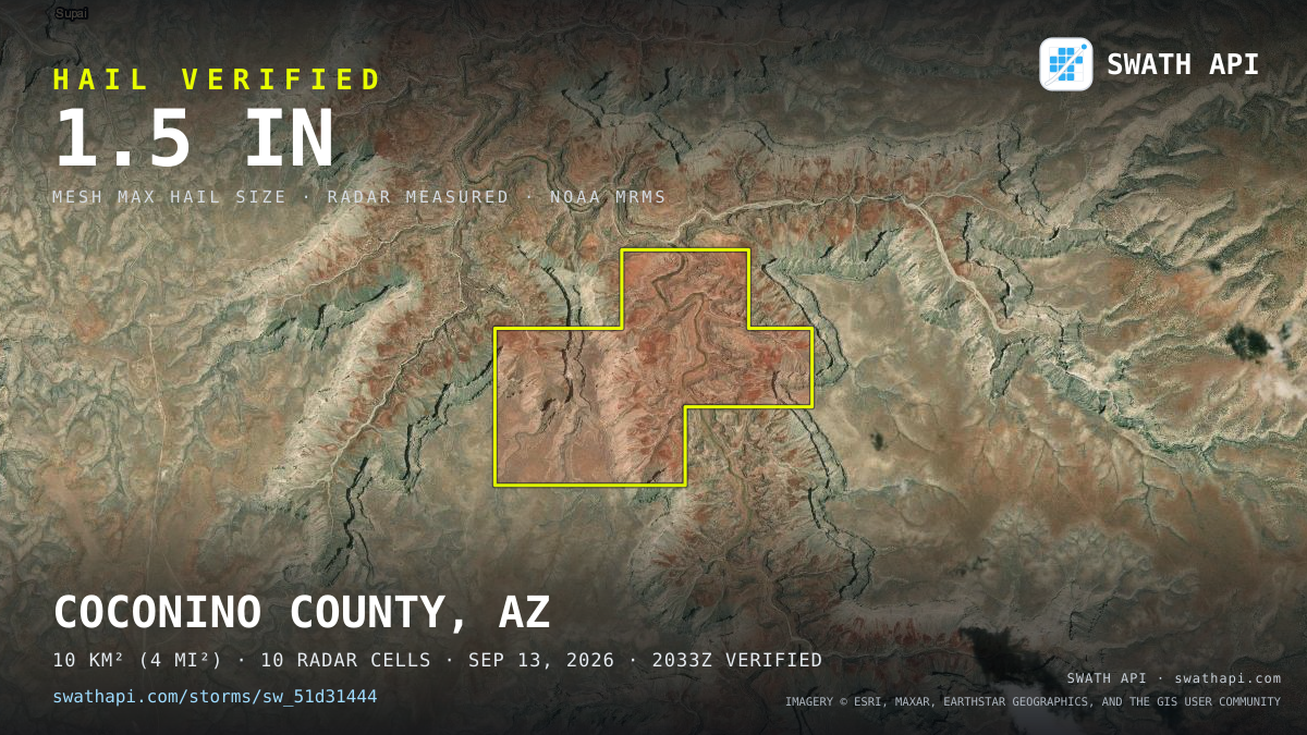 Storm card: 1.2–1.5" hail crossed Coconino County, AZ — September 13, 2026