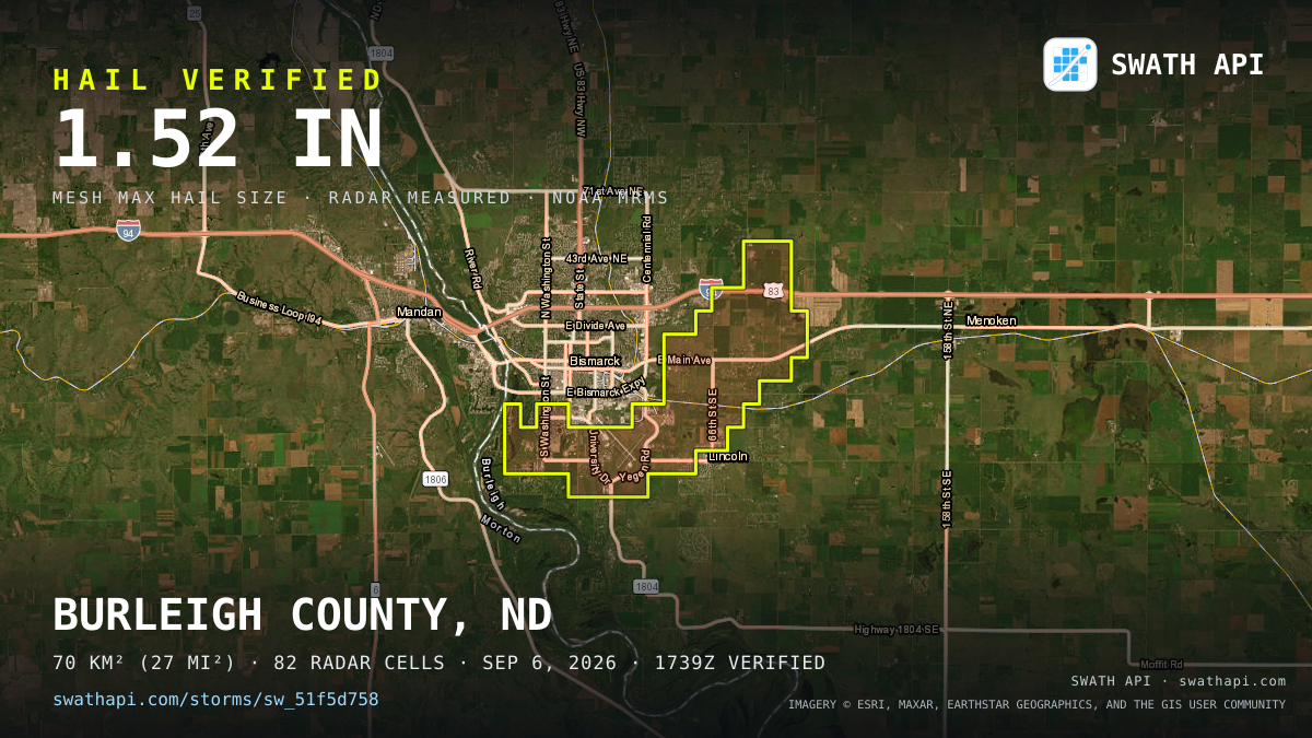 Storm card: 1.1–1.5" hail crossed Burleigh County, ND — September 6, 2026
