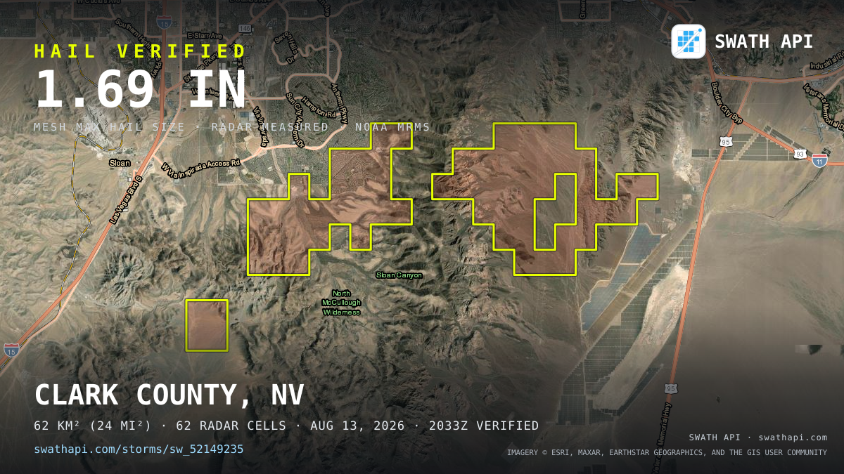 Storm card: 1.2–1.7" hail crossed Clark County, NV — August 13, 2026