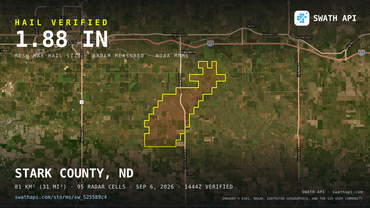 Storm card: 1.2–1.9" hail crossed Stark County, ND — September 6, 2026