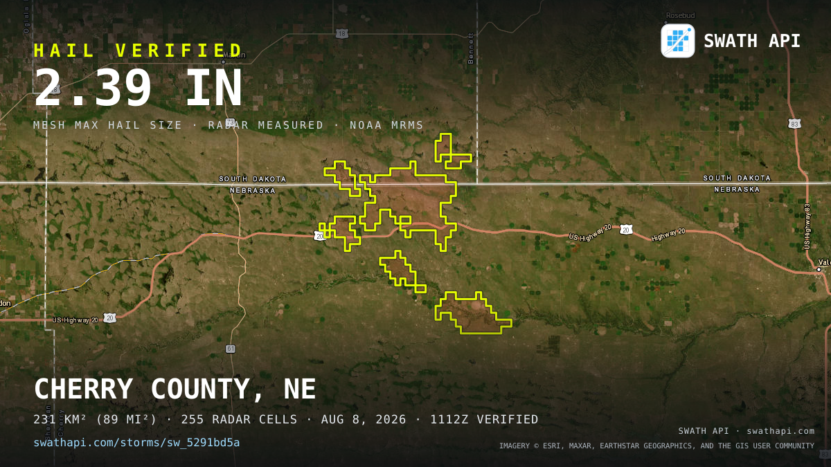 Storm card: 1.2–2.4" hail crossed Cherry County, NE — August 8, 2026