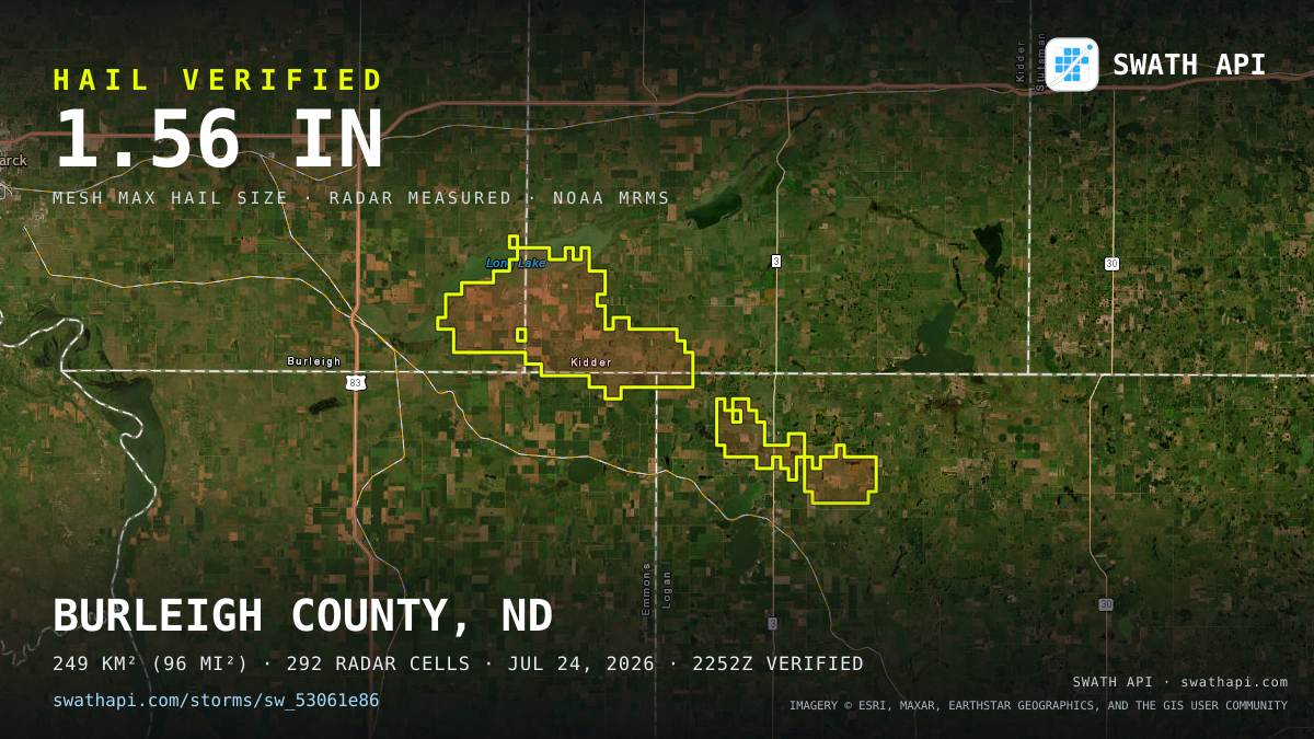 Storm card: 1.2–1.6" hail crossed Kidder County, ND — July 24, 2026