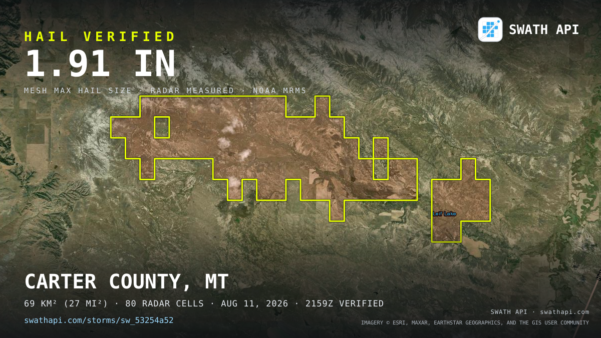 Storm card: 1.1–1.9" hail crossed Carter County, MT — August 11, 2026