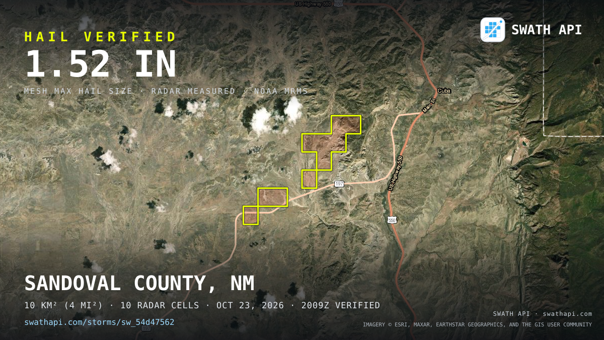 Storm card: 1.1–1.5" hail crossed Sandoval County, NM — October 23, 2026