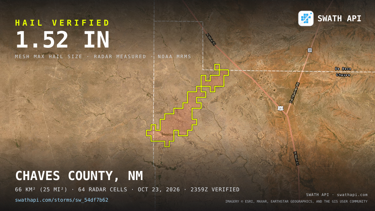 Storm card: 1.1–1.5" hail crossed Chaves County, NM — October 23, 2026