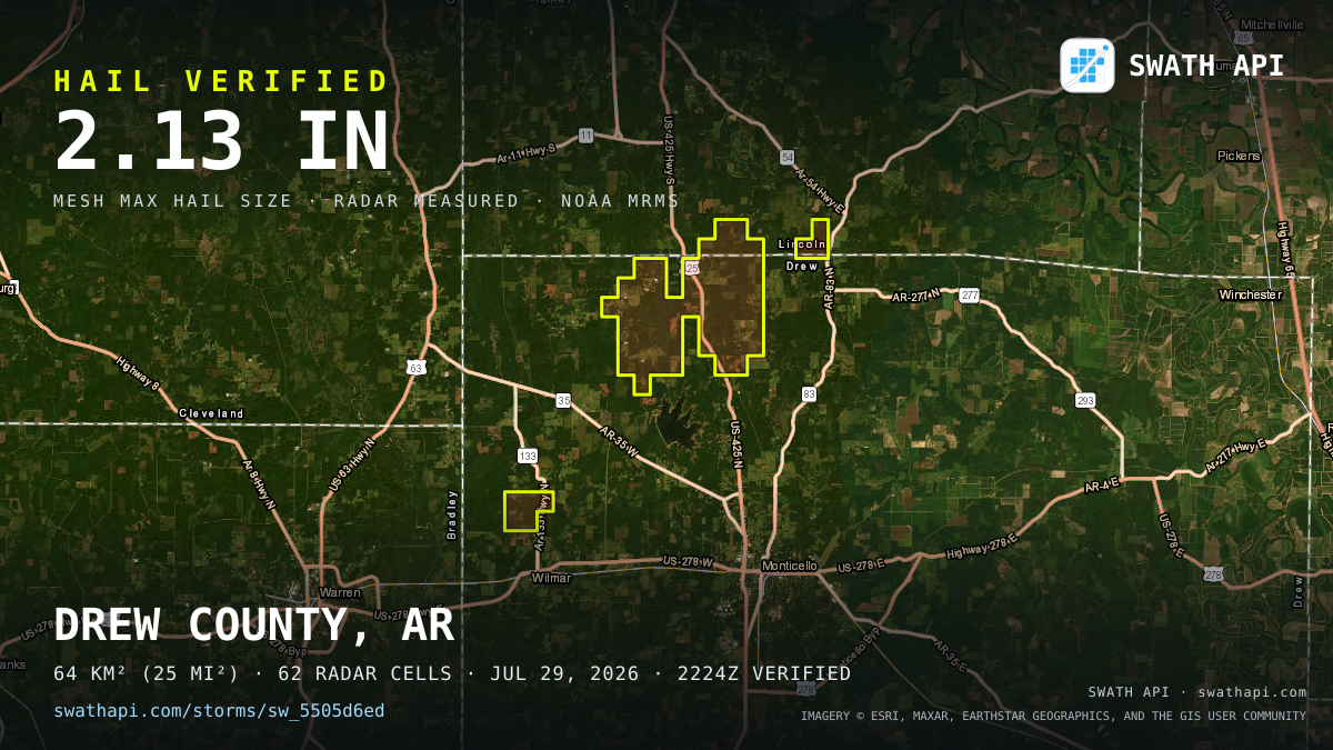 Storm card: 1.1–2.1" hail crossed Drew County, AR — July 29, 2026