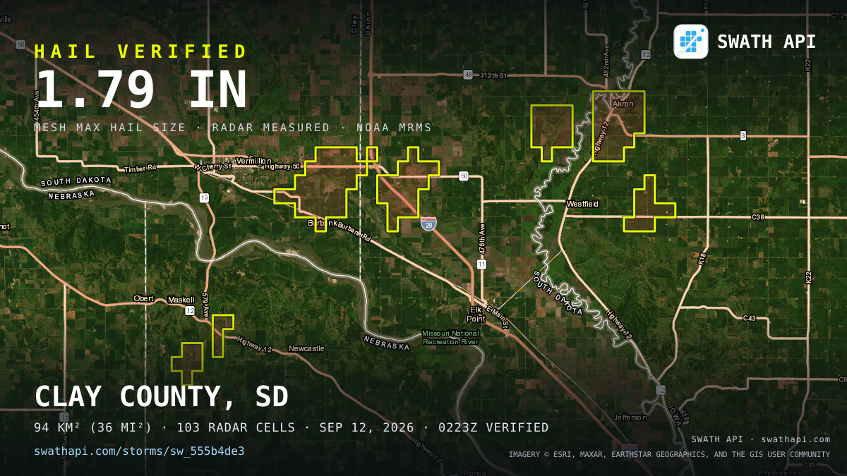 Storm card: 1.1–1.8" hail crossed Union County, SD — September 12, 2026