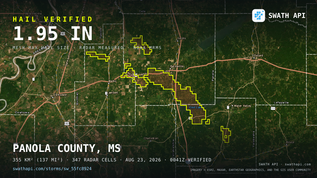 Storm card: 1.1–2" hail crossed Panola County, MS — August 23, 2026