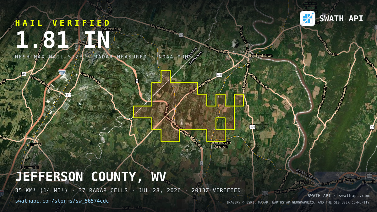 Storm card: 1.1–1.8" hail crossed Jefferson County, WV — July 28, 2026