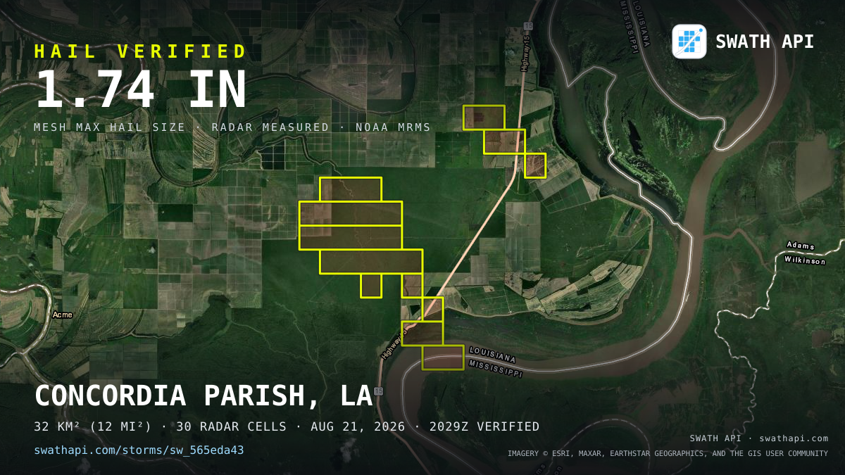 Storm card: 1.1–1.7" hail crossed Concordia Parish, LA — August 21, 2026
