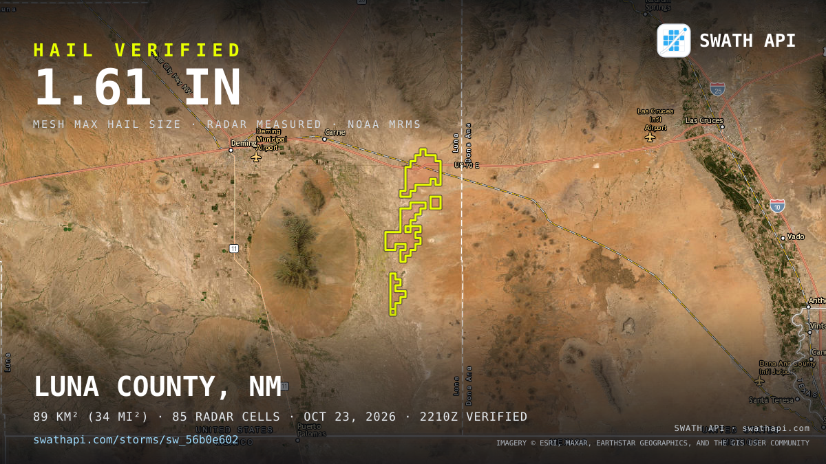 Storm card: 1.2–1.6" hail crossed Luna County, NM — October 23, 2026