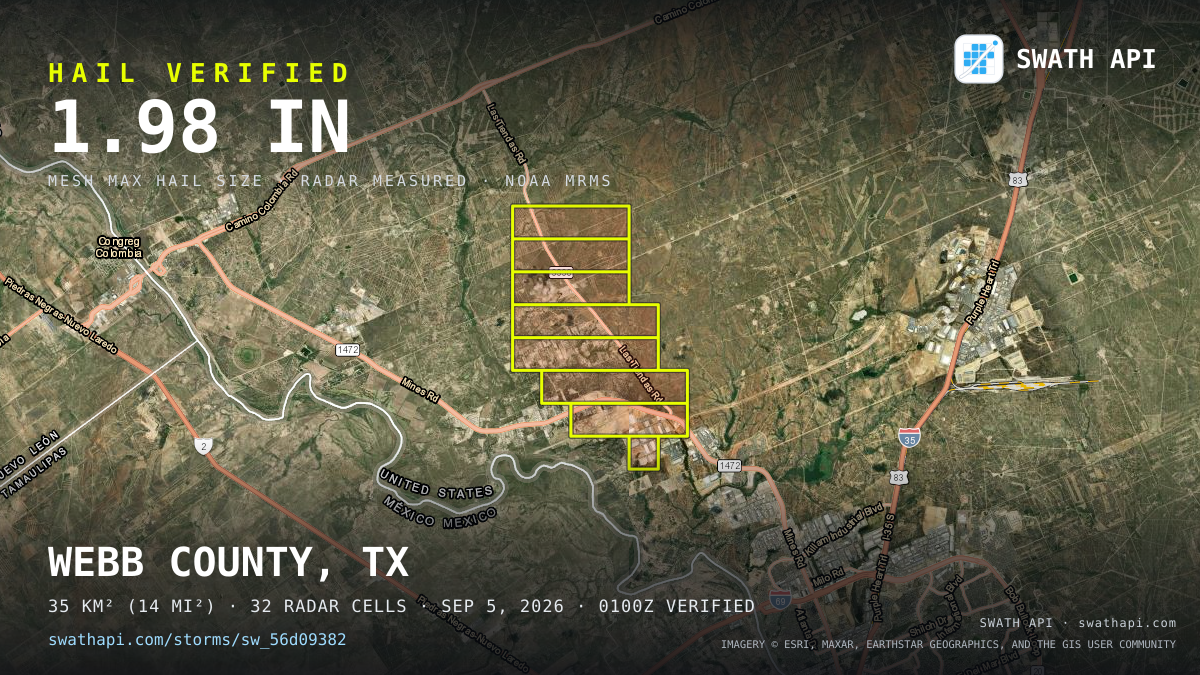 Storm card: 1.2–2" hail crossed Webb County, TX — September 5, 2026