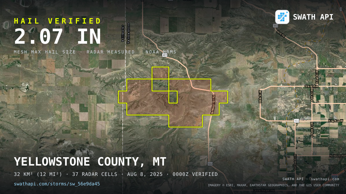 Storm card: 1.3–2.1" hail crossed Yellowstone County, MT — August 8, 2025