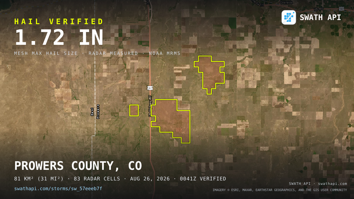 Storm card: 1.1–1.7" hail crossed Prowers County, CO — August 26, 2026