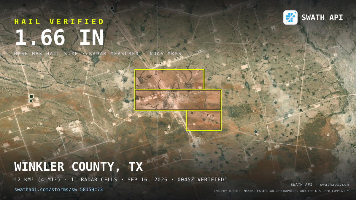 Storm card: 1.3–1.7" hail crossed Winkler County, TX — September 16, 2026