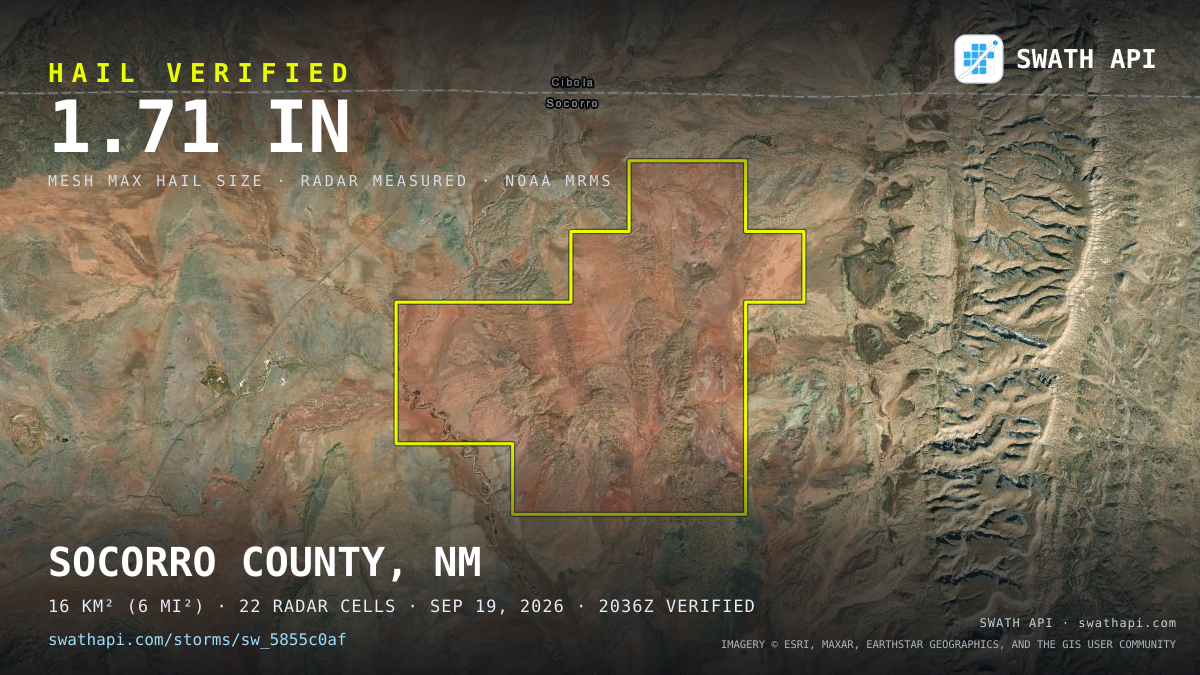 Storm card: 1.2–3.2" hail crossed Socorro County, NM — September 19, 2026