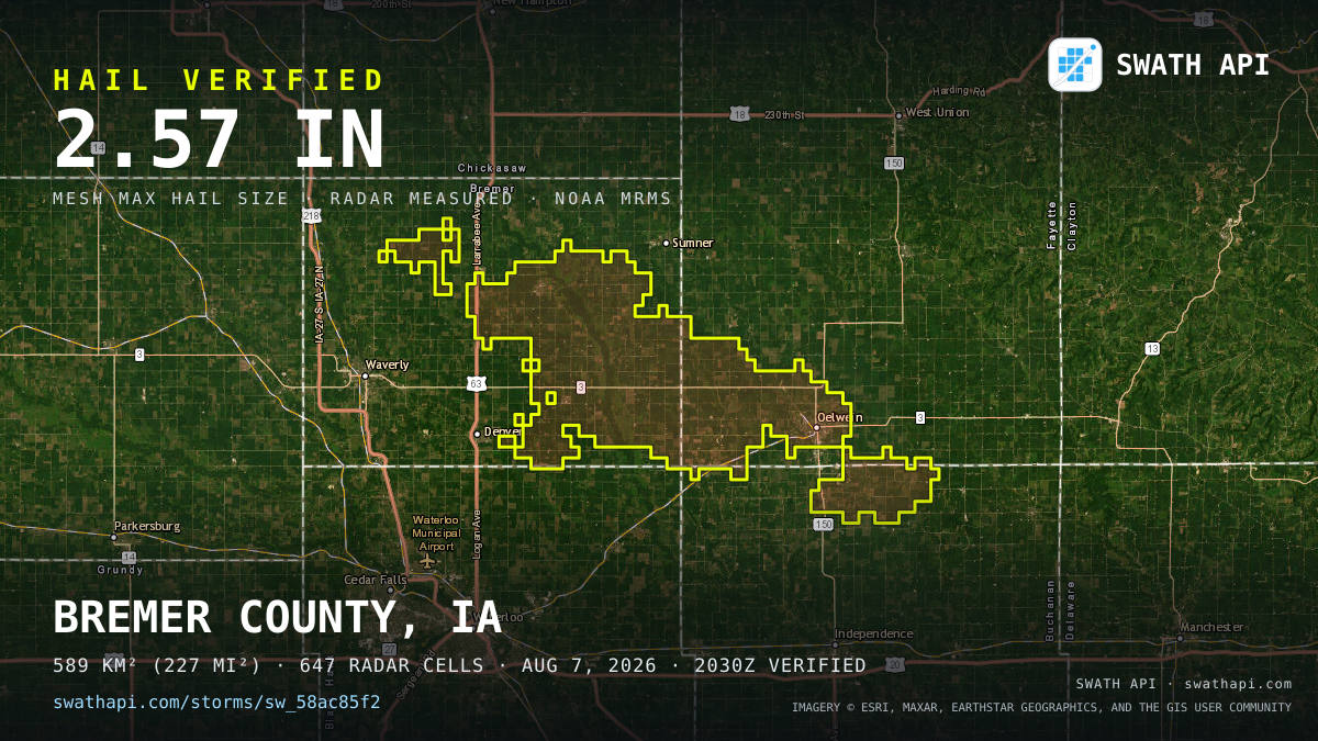 Storm card: 1.3–2.6" hail crossed Bremer County, IA — August 7, 2026