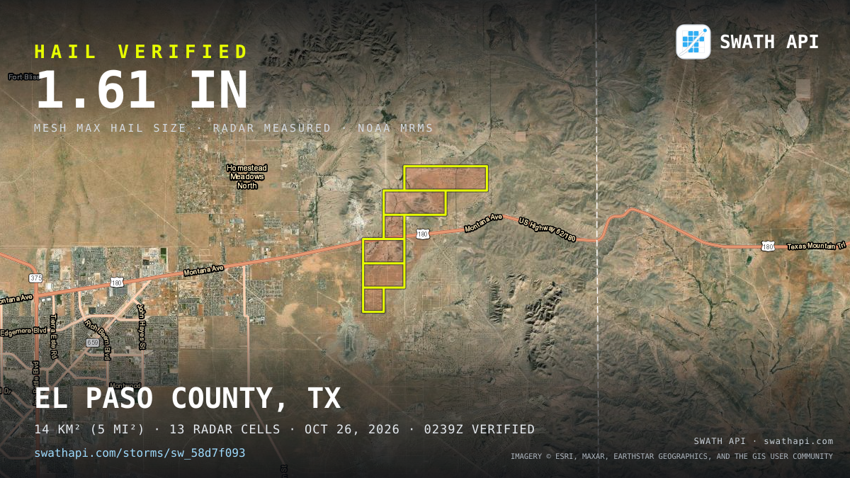 Storm card: 1.2–1.6" hail crossed El Paso County, TX — October 26, 2026