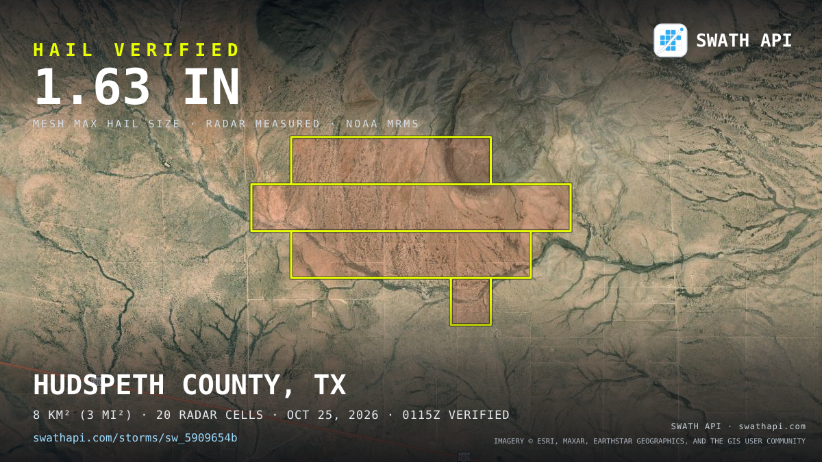Storm card: 1.1–2.3" hail crossed Hudspeth County, TX — October 25, 2026