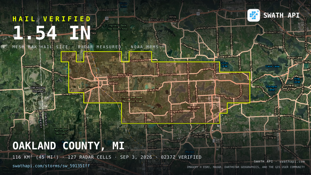 Storm card: 1.1–1.5" hail crossed Oakland County, MI — September 3, 2026