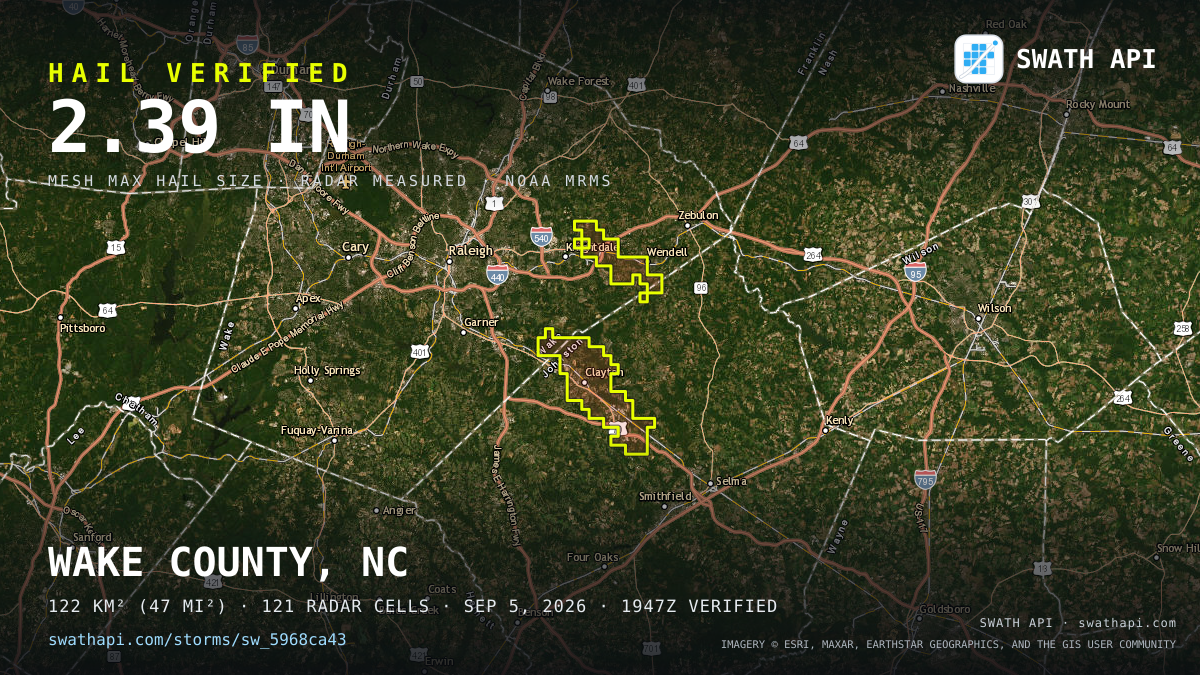 Storm card: 1.1–2.4" hail crossed Johnston County, NC — September 5, 2026