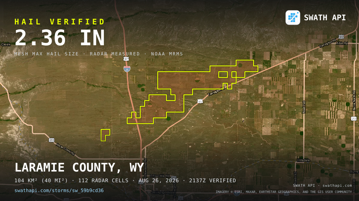 Storm card: 1.3–2.4" hail crossed Laramie County, WY — August 26, 2026