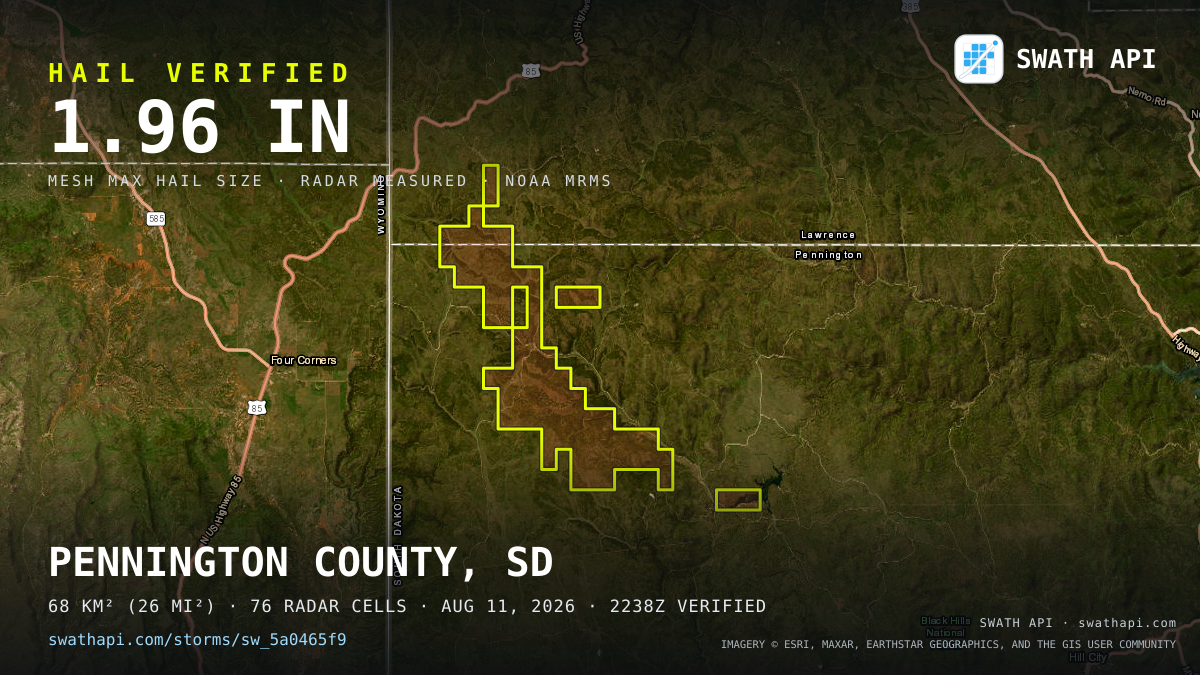 Storm card: 1.2–2" hail crossed Pennington County, SD — August 11, 2026