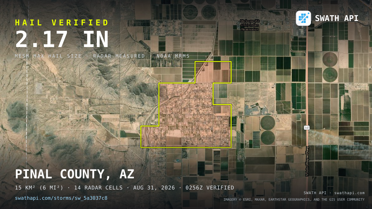 Storm card: 1.1–2.2" hail crossed Pinal County, AZ — August 31, 2026