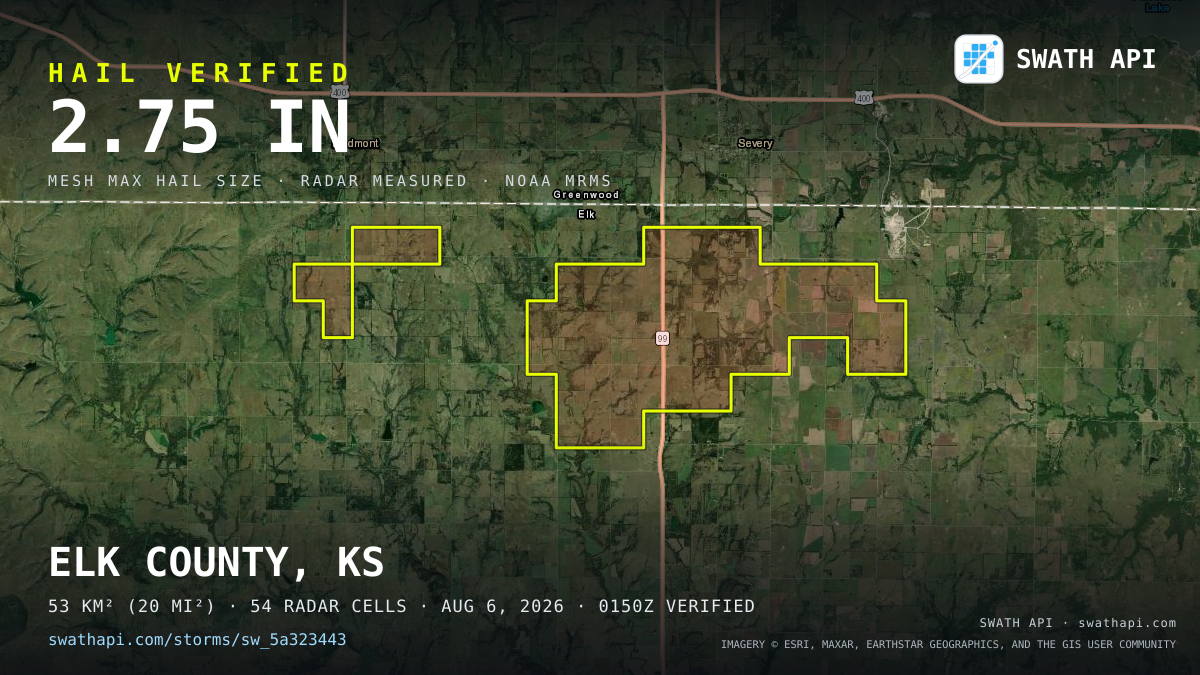 Storm card: 1.3–2.8" hail crossed Elk County, KS — August 6, 2026