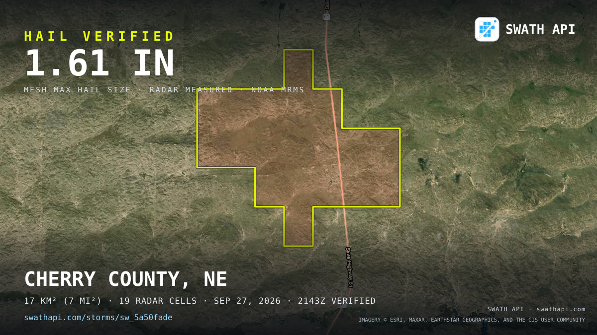 Storm card: 1.2–3.1" hail crossed Cherry County, NE — September 27, 2026