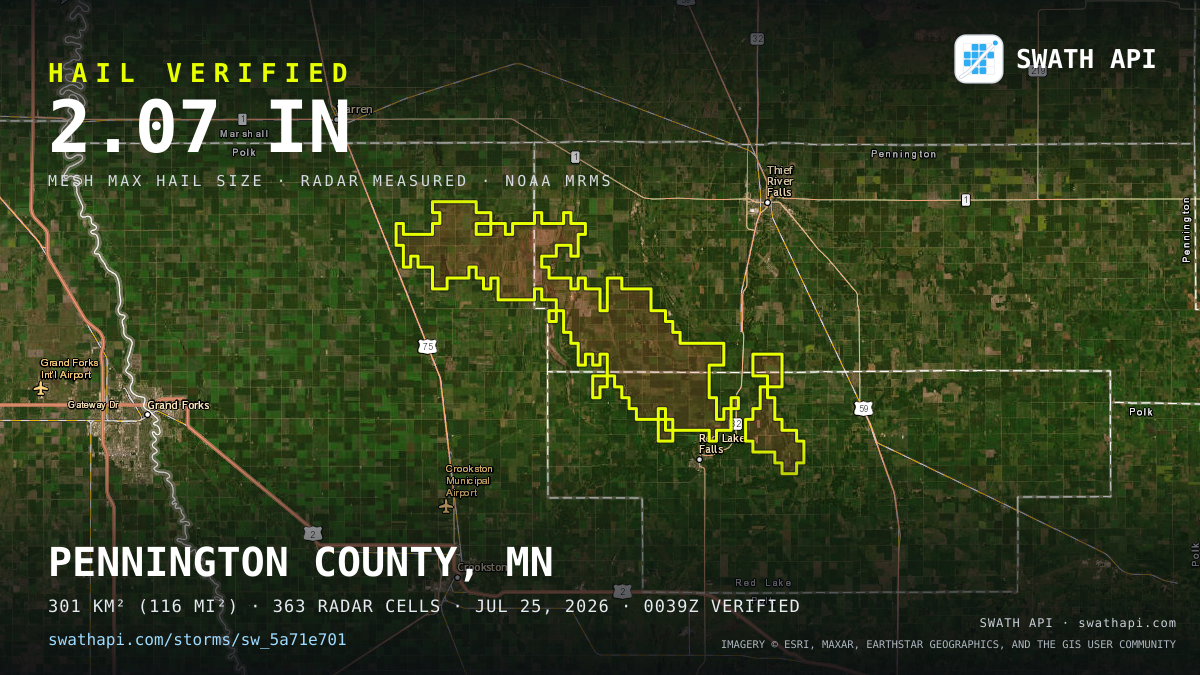 Storm card: 1.2–2.1" hail crossed Pennington County, MN — July 25, 2026