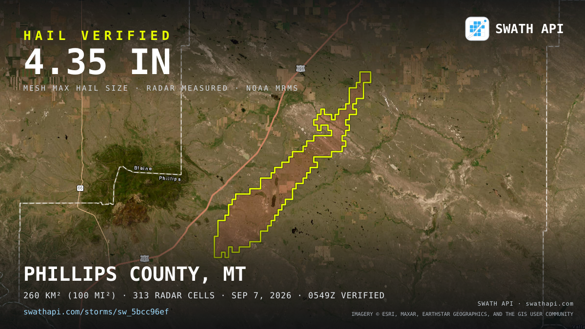 Storm card: 1.1–4.4" hail crossed Phillips County, MT — September 7, 2026