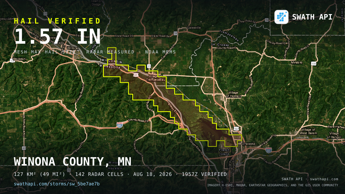 Storm card: 1.1–1.6" hail crossed La Crosse County, WI — August 18, 2026